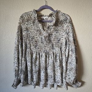 Rose & Olive Cream Leopard-Print Smocked Peasant Blouse
